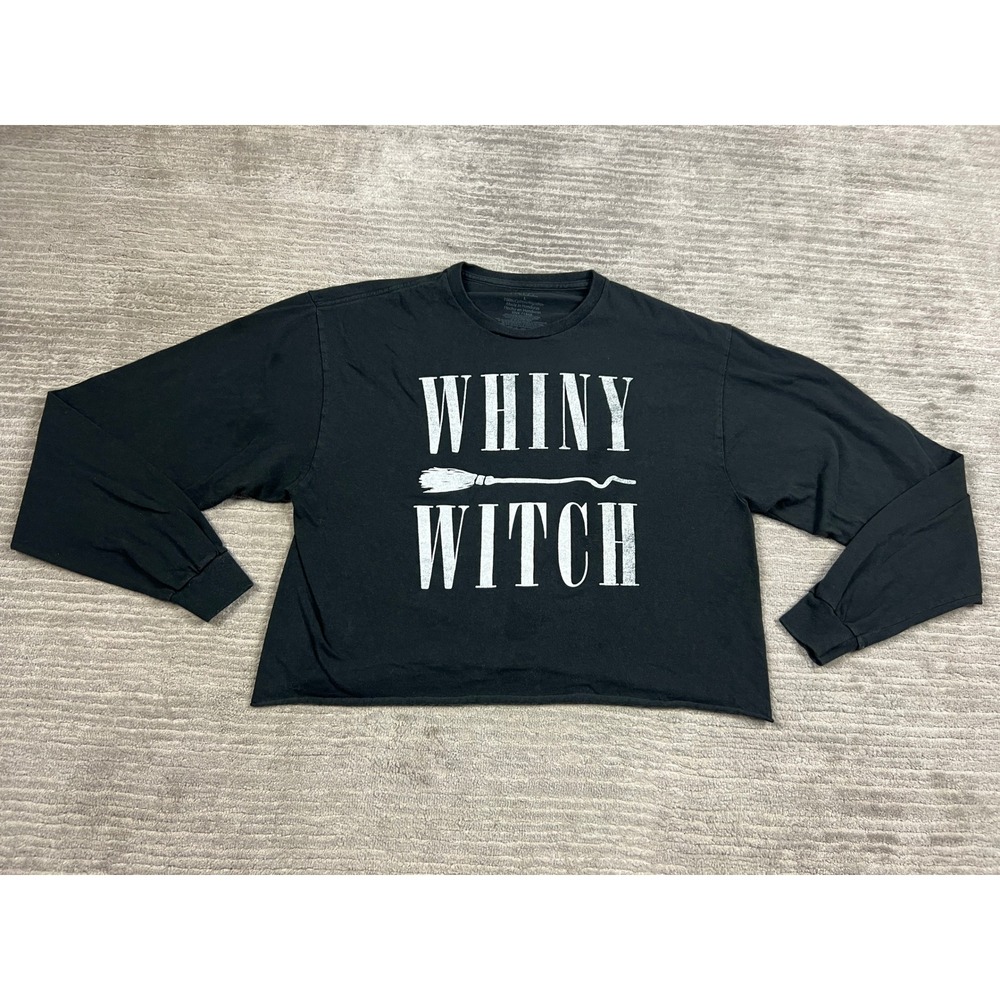 Freeze Graphic Tee Womens L Black Whiny Witch Long Sleeve Cropped Raw Hem Cotton